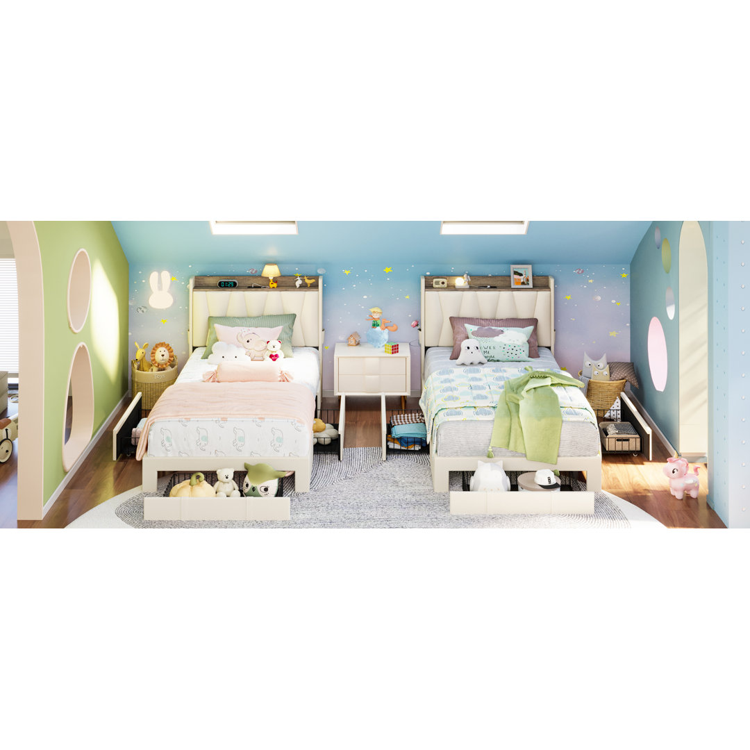 Upholstered Bed Frame with 3 Drawers, Bed with Storage Headboard and Charging Station